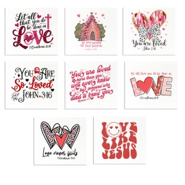 J&J'S TOYSCAPE Christian Valentine's Day Postcards, Set of 8, 4.25 x 5.5 inches, Religious Bible Sayings, John 4:19, John 3:16, Corinthians 16:14, Corinthians 13:8, Romans 5:8
