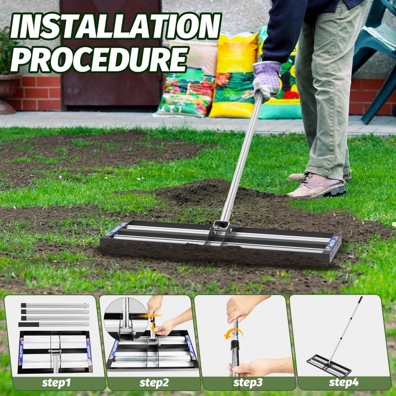 Jouzya Updated Lawn Leveling Rake with Aluminum Rollers, Stainless Steel