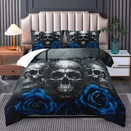 Tuzaovy Skull Bedding Set - Twin Size Gothic Skull Comforter Set - Blue & Black Quilt