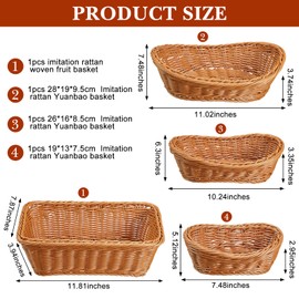 Mimorou 4 Pcs Bread Basket Wicker Bread Basket for Serving Woven Food Basket Snack Storage Basket Vintage Vegetable Fruit Baskets for Kitchen Table Home, Oval and Rectangle