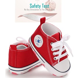 Shidangdisk Baby Boys and Girls Celebrity high top Sports Shoes Soft Anti Slip Soles Newborn First Walker Canvas Fashionable Denim Shoes (01/Reds Star, Infant, 6-12 Months)