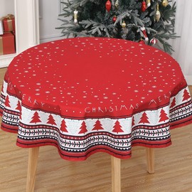 LinTimes Christmas Table Cloth Water Resistant Rounde Tablecloths Christmas Home Decoration Party Tabletop Cover with Christmas Tree Kitchen Table Cloth, Red 60 Round