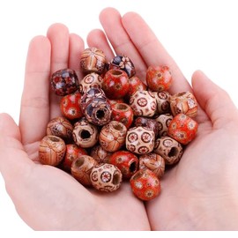 JUYOU 100Pcs Large Hole Printed Barrel Wooden Beads 16mm Mixed Jewelry Craft Making Loose Spacer Charm Wood Beads (16x17x7mm)