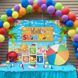 Mocsicka Hello Summer Banner Backdrop Summer Beach Gnome Background Hawaiian Flamingo Pool Party Decorations Aloha Palm Tree Photo Booth Props (7x5ft (82x60 inch))