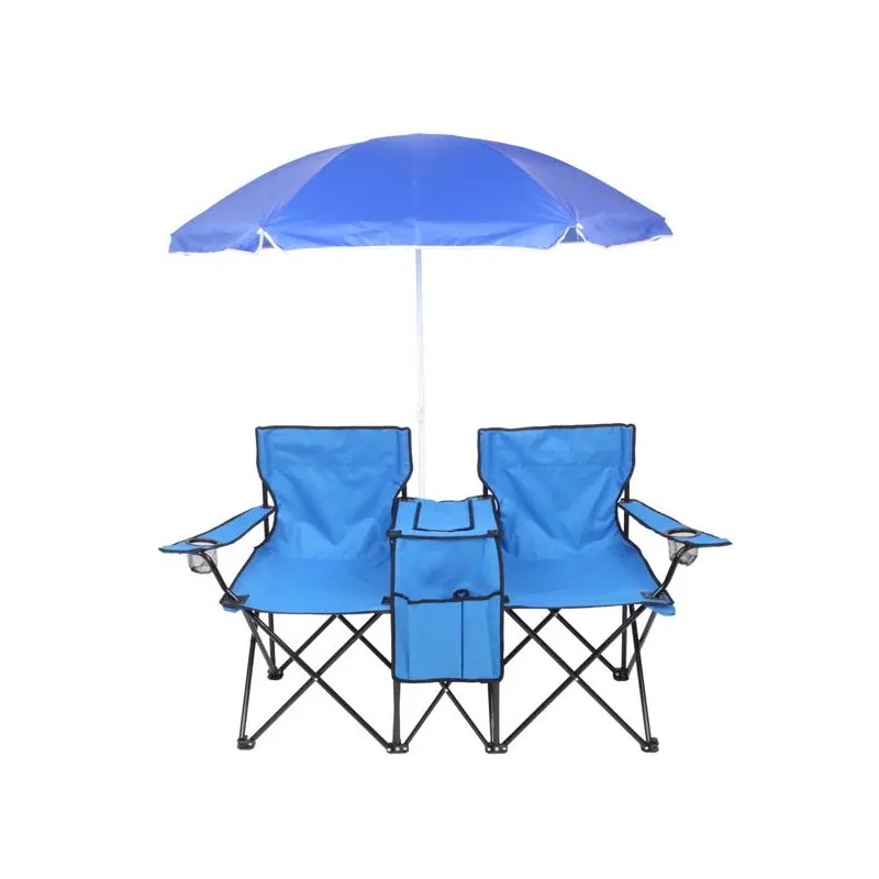 Portable Outdoor Blue 2-Seater Folding Chair with Removable Sun UmbrellaColor: