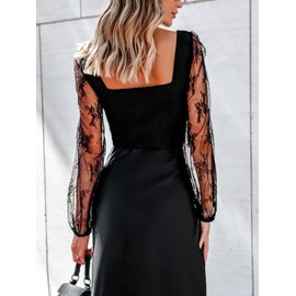 CUPSHE Women's Casual Long Sleeve Knit Sweetheart Neck Mesh Sheer Lace Long Sleeves Bodysuit Top Black M