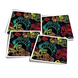 Vinyl Square Stickers (Set of 4) 10cm - Game Time Gamer Gaming Mens Boys for Laptops, Tablets, Luggage, Scrap Booking, Fridges #170579