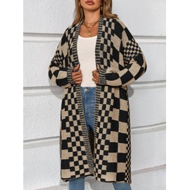 Saodimallsu Womens Checkered Long Cardigans Chunky Oversized Open Front Batwing Sleeve Color Block Knit Sweater Coats Apricot