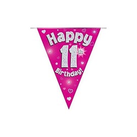 OAKTREE UK 630628 Party Bunting Happy 11th Birthday Pink Holographic 11 Flags 3.9m