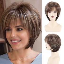 SEVENCOLORS Short Mixed Brown Wigs for Women Natural Layered Brown Mix Blonde Short Wigs with Bangs Synthetic Hair Womens Bob Wig