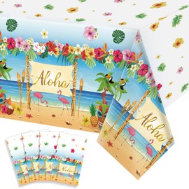 Flamingo Table Cloth Plastic Hawaiian Table Cover Aloha Luau Party Table Cover Tropical Palm Leaves Flamingo Tablecloth for Flamingo Birthday Summer Pool Beach Party Holiday Decorations (6 Pcs)