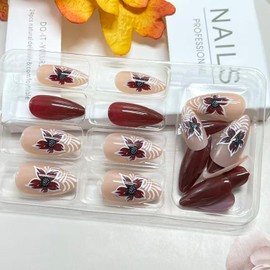 Vopintpy Fall Leaf Press on Nails Medium Almond Thanksgiving Fake Nails Wine Red Autumn Maple Leaf Acrylic Nail Glossy Glue on Nail for Women DIY Manicure