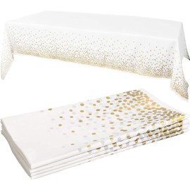 6 Pack Disposable Plastic Tablecloth, Gold Stamping Dot Rectangular Table Cloth,Disposable tablecloths for Indoor or Outdoor Tables Party Decorations, Birthdays, Wedding(White)