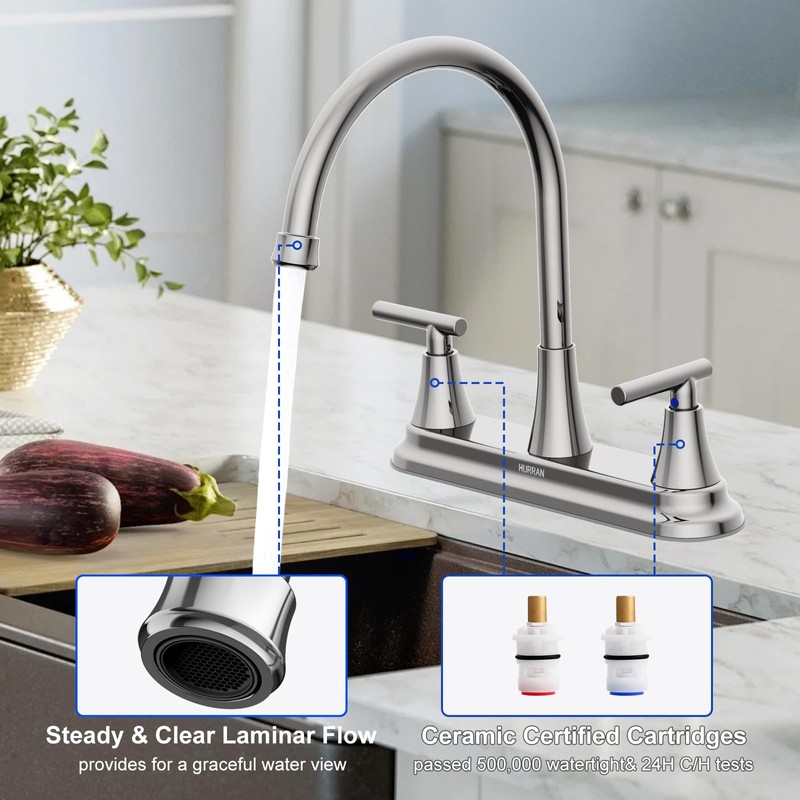 HURRAN 2 Handle Kitchen Sink Faucet, 8 Inch High Arc