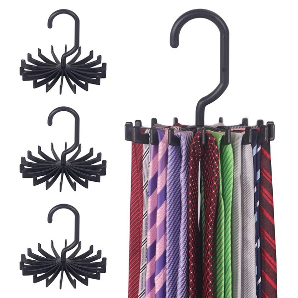 4 Pack Tie Rack Hanger Holder Hooks Organizer for Mens, 360 Degree Rotating Tie Racks, Black