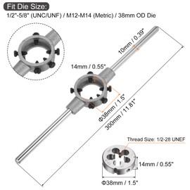 sourcing map Die Stock Handle Wrench Set, 1/2-28 UNEF Round Die and 38mm Die Holder (Fits 1/2"-5/8" (UNC/UNF) / Metric M12-M14 / 38mm OD Dies) for Bolt Thread Repair