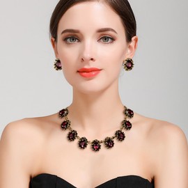 Clearine Victorian Style Statement Necklace Pierced Earrings Jewellery Set for Women Crystal Floral Cameo Inspired Oval Earrings Party Prom Jewelry Amethyst Antique-Gold-Tone