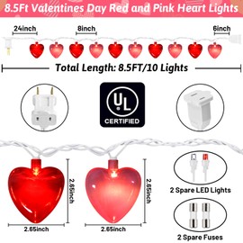 8.5Ft Valentines Day Decorations, Red & Pink Heart String Lights with 10 LED Clear Red and Pink Heart Lights, Connectable Romantic Valentine's Day Light for Wedding Valentine Anniversary Party
