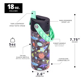 Elemental Leak Proof Water Bottles for Kids - Splash Kids Water Bottle for School with Fun Fidget Pop-it Handle - BPA Free Tritan Plastic Reusable Water Bottle with Straw - Space Dinosaur - 18oz