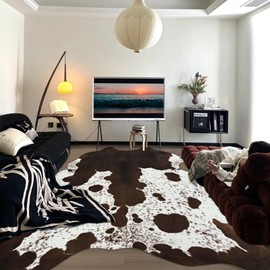 DweIke Premium Faux Cowhide Rug - Western Cow Print Area Rug 4.6x5.2Ft, Non-Slip Faux Fur Carpet for Living Room Bedroom Farmhouse Decor, Durable Large Size Animal Hide Throw Rug (Brown)