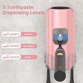 Toothpaste Dispenser, Smart Automatic Toothpaste Dispenser Wall Mounted for Bathroom, 3 Lavel Electric Toothpaste Dispenser for Kids, Toothpaste Squeezer w/ 2 Toothbrush Slots-Pink