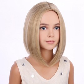 PATTNIUM Kids Blonde Bob Wig Child Short Straight Blonde Bob Wigs for Girls Cosplay Party Daily Wear Heat Resistant Synthetic Wigs
