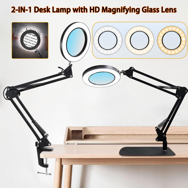 15X Magnifying Glass Lamp with Clamp and Stand, 72 LEDs