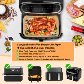 BYKITCHEN Airfryer Backpapier für Ninja Foodi Flex Drawer Dual Zone 10,4L Heißluftfritteuse,100PCS Zubehör für Ninja AF500EU, Air Fryer Zubehör für Cecotec Dual 9000 9L (100 Stück)