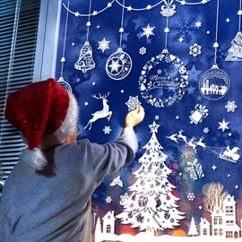 heekpek Christmas Window Stickers 244 Pcs Large Xmas Window Stickers Christmas Scene PVC Snowflake Reindeer Stickers Removable Window Clings for Christmas Decorations