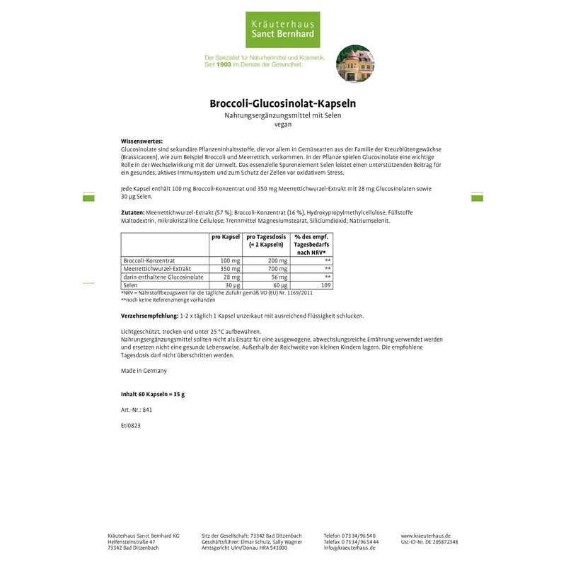 Sanct Bernhard Broccoli Glucosinolate Capsules 100 mg Horseradish Extract &