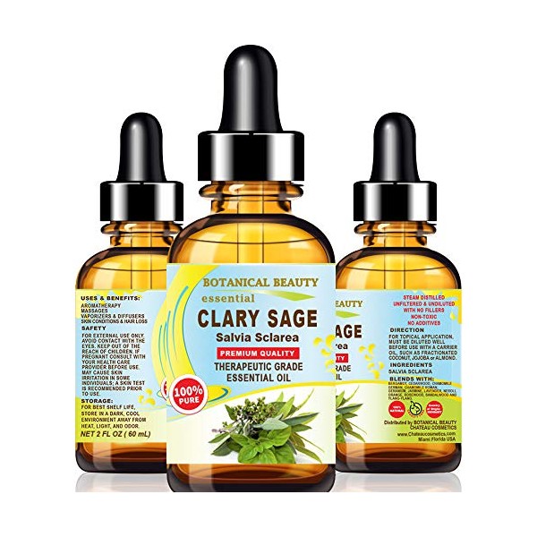 Clary SAGE Essential Oil 100 % Pure Natural Undiluted Therapeutic Grade Essential Oil 2 Fl.oz.- 60 ml for Aromatherapy, Soaps, Candles, Diffusers & Reed Diffusers by Botanical Beauty