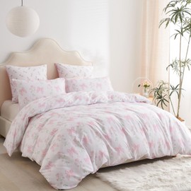 Freyamy Flower Bed Linen 135 x 200 cm 2-Piece White Pink Floral Bow Tie Bedding Sets 100% Microfibre Girls Duvet Cover with Zip and Pillowcase 80 x 80 cm