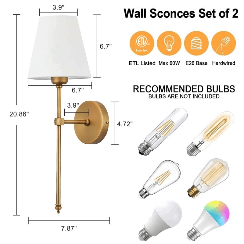 Bsmathom Wall Sconces Sets of 2, Hardwired Classic Brushed Brass