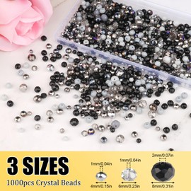 WINKIO Beads for Threading, 1000 Pieces Black Faceted Glass Beads with Tweezers, 4 mm/6 mm/10 mm Crystal Beads for DIY Jewellery Making