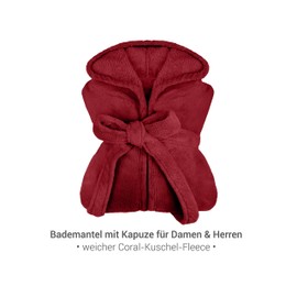npluseins Extra Soft Hooded Bathrobe Made of Cuddly Fleece, Available in Modern Colours and Various Sizes, Unisex, Calf Length, burgundy