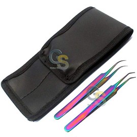 Set of 2 Stainless Steel Multi Titanium Rainbow Color 3d Eyelash Extension Tweezers a Type Angled + Strong Curved Fine Point by G.S Online Store
