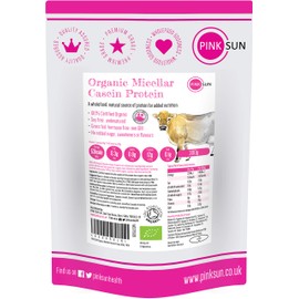 PINK SUN Organic Casein Protein Powder 300g Pure Native Micellar Grass Fed Soy Free Gluten Free Unflavoured Vegetarian No Added Sugar Unsweetened Undenatured Certified Bio UK