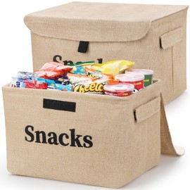 Snack Storage Baskets Bins with Lids for Pantry Shelves, 2 Pack Burlap Collapsible Storage Bins Snack Organizer Baskets with Metal Frame, Fabric Farmhouse Storage Bins for Kitchen Counter Cabinet