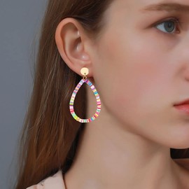 Seakuur Drop Earrings for Women Rainbow Vinyl Disc Bead Dangle Earrings Lightweight Teardrop Earrings Studs Summer Beach Jewelry (Multi)