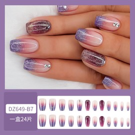Square Press on Nails Short Fake Nails Purple Gradient False Nails Summer Glue on Nails with Diamond Glitter Designs Nails Press ons Acrylic Nails Glossy Stick on Nails for Women and Girls 24Pcs