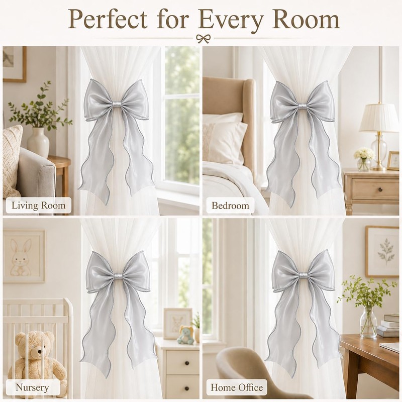 2 Pack Bow Curtain Tiebacks, French Style Silky Ribbon Curtain
