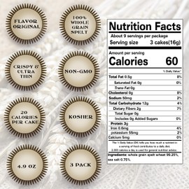Ultra Thin Whole Grain Spelt Squares Salted - Fat Free, Non GMO - Low Calorie Snacks - All Natural - 3 Pk