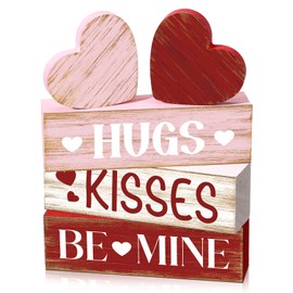 Moucuny 5 Pcs Valentine's Table Decoration Signs Tiered Tray Decor Happy Valentine's Day Table Decor Valentines Day Wooden Sign Wooden Love Blocks for Wedding Coffee Bar Shelf, Hugs, Kisses, Be Mine