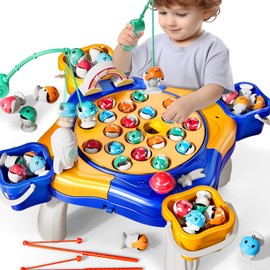 JUKUDAHU Magnet Fishing Game for Kids Toddlers Aged 3 4 5 6 7 8 - Fishing Toys with 48 Fishes Toys, 8 Poles, Rotating Board Game with On-Off Music, Educational Birthday Gifts for Boys Girls 1-3(Blue)