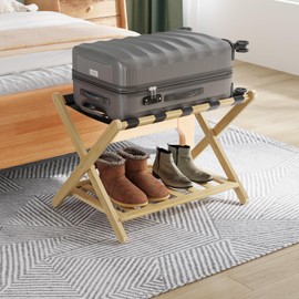 Smuxee Smuxee Fully Assembled Luggage Rack for Guest Room, Upgraded Bamboo Foldable Suitcase Stand with 5 Nylon Straps, Nature Luggage Holder with Shelf for Bedroom Hotel (Nature Luggage Rack 1pcs)