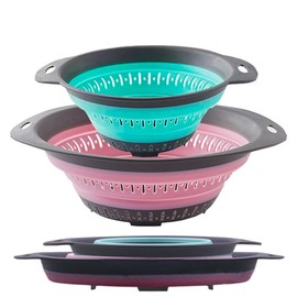 Fglmctsh Collapsible Colander Set, Square Round Triangles Silicone Kitchen Strainer Perfect for Draining Pasta Vegetable fruit 2 PCS (Green & Red, 12"L x 9.5"W x 2.3"H)