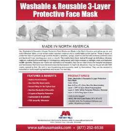 Monterey Mills PPE10160247P Reusable 3-ply Cloth Face Mask ** PACK OF 10EA **