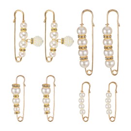 Giantree 8 Pcs Pearl Brooches, Imitation Pearl Rhinestone Brooch Safety Pins, Suitable for Girls Clothing Dress Pants Cardigan Collar Skirt Accessories Waist Extender Decorative Pins (Gold)