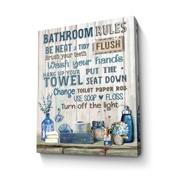 Bathroom Decor Canvas Wall Art Rustic Bathroom Rules Sign Picture Navy Blue Bathroom Wall Decor Painting Framed Modern Artwork for Bathroom Toilet LaundryRoom Decor 12x16 inch