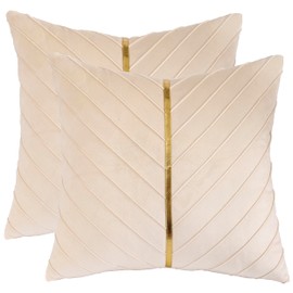 Tosleo Cream Velvet Throw Pillow Covers 24x24 Pack of 2 with Gold Leather Decorative Couch Pillow Cover Luxury Modern Pillowcases for Living Room Bedroom Sofa Cushion Bed 60x60CM